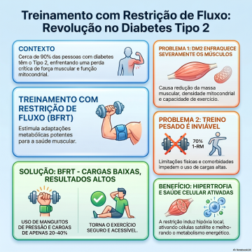O treinamento de resistência com restrição do fluxo sanguíneo melhora a capacidade mitocondrial do músculo esquelético e os fatores de risco cardiovascular no diabetes tipo 2.